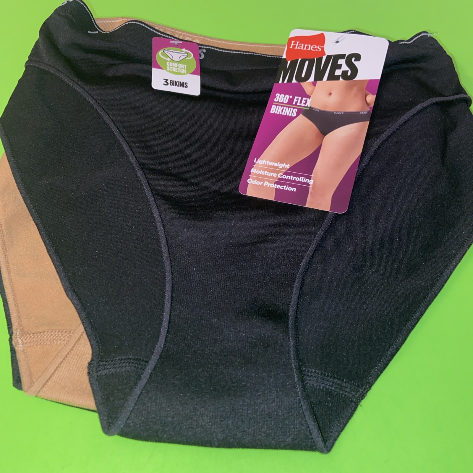 HANES 3 PACK WOMENS’ BLACK & TAN COMFORT STRETCH BIKINIS / EXTRA LARGE