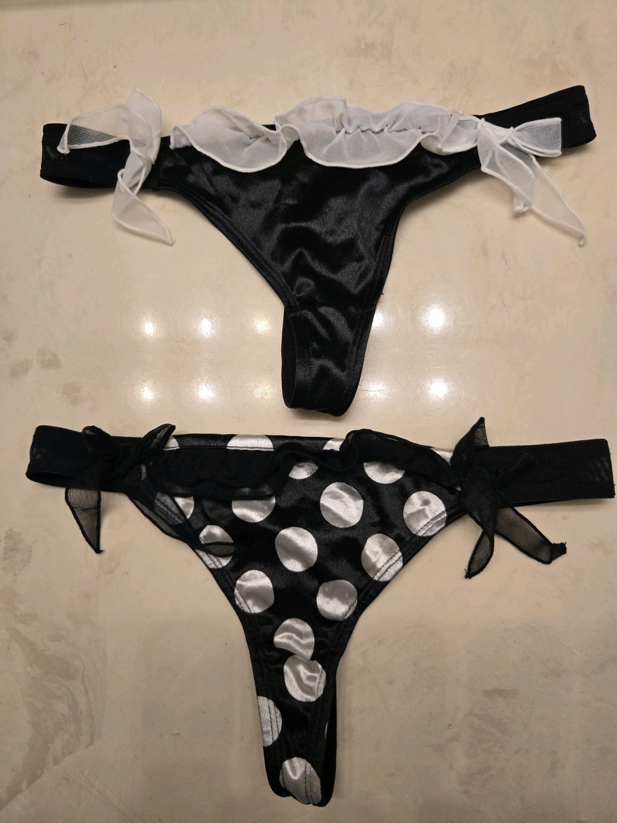 Vintage Smart And Sexy Satin Thong Lot X2 Size Small Black Polka Dot