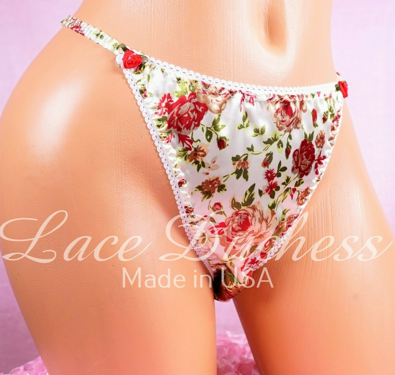 80s Style Sissy SATIN Floral ROSES Garden string bikini Panties Mens + Womens