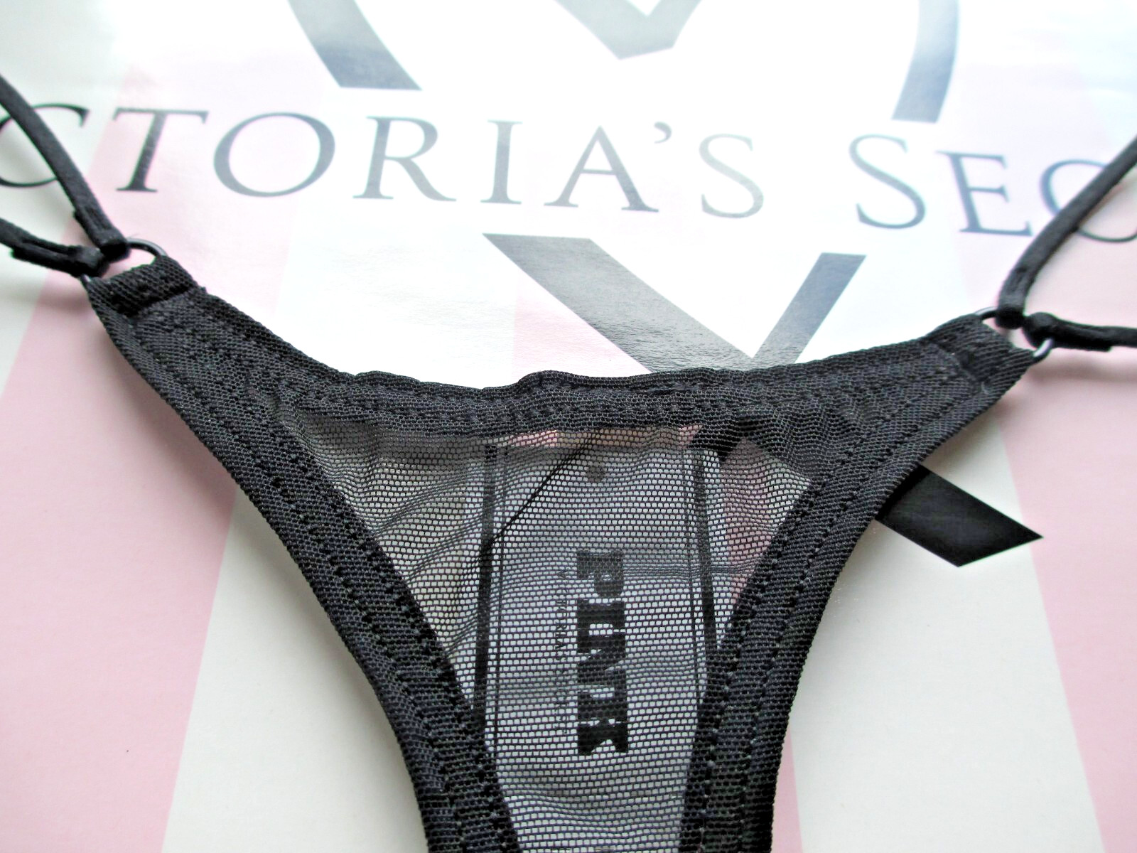 VICTORIA’S SECRET PINK Strappy Micro Thong Panty VS Black Mesh Sexy S M L XL NWT