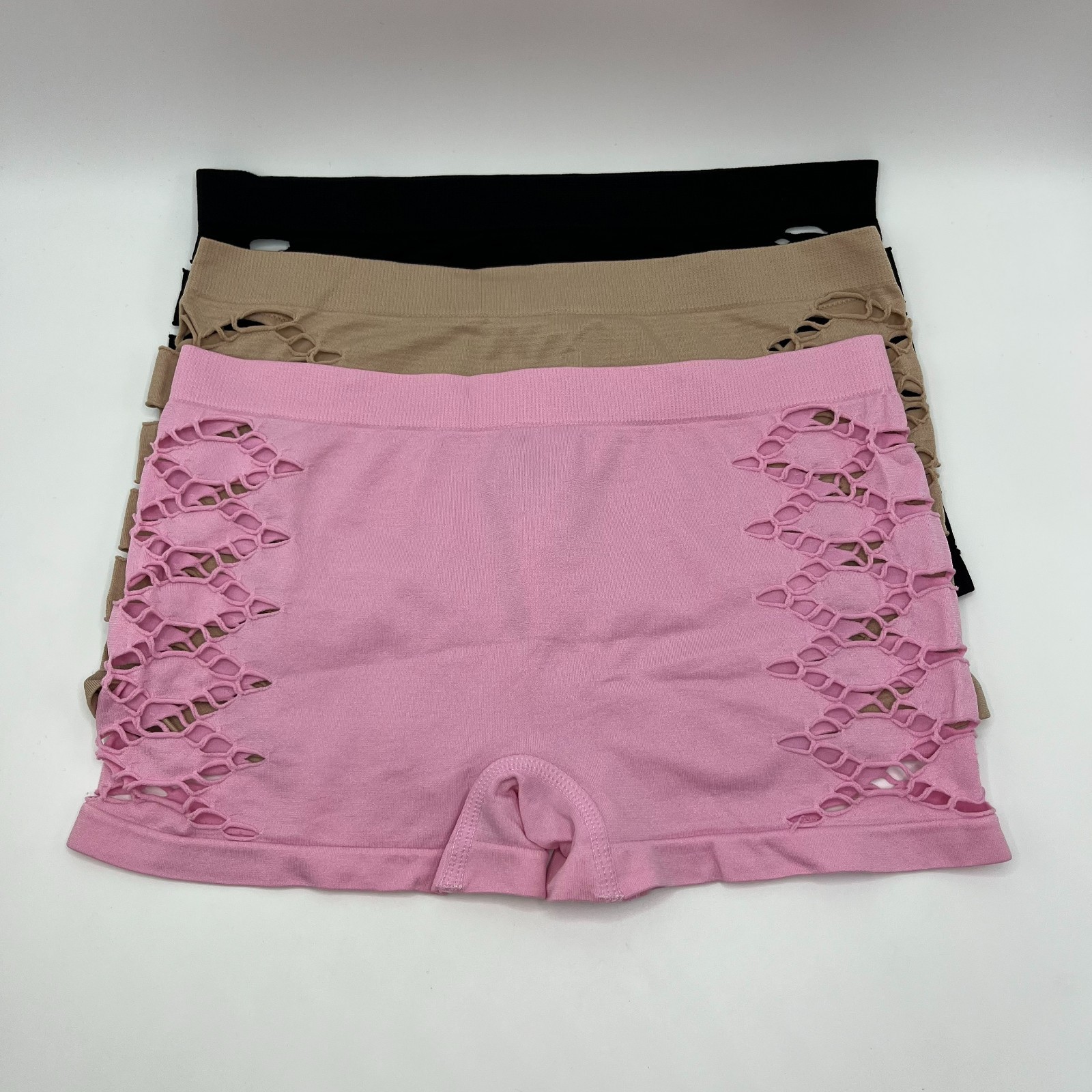 3 Pcs Women’s Simple Solid Color Geometric Hollowed-Out Boxer Briefs, Mid-Rise