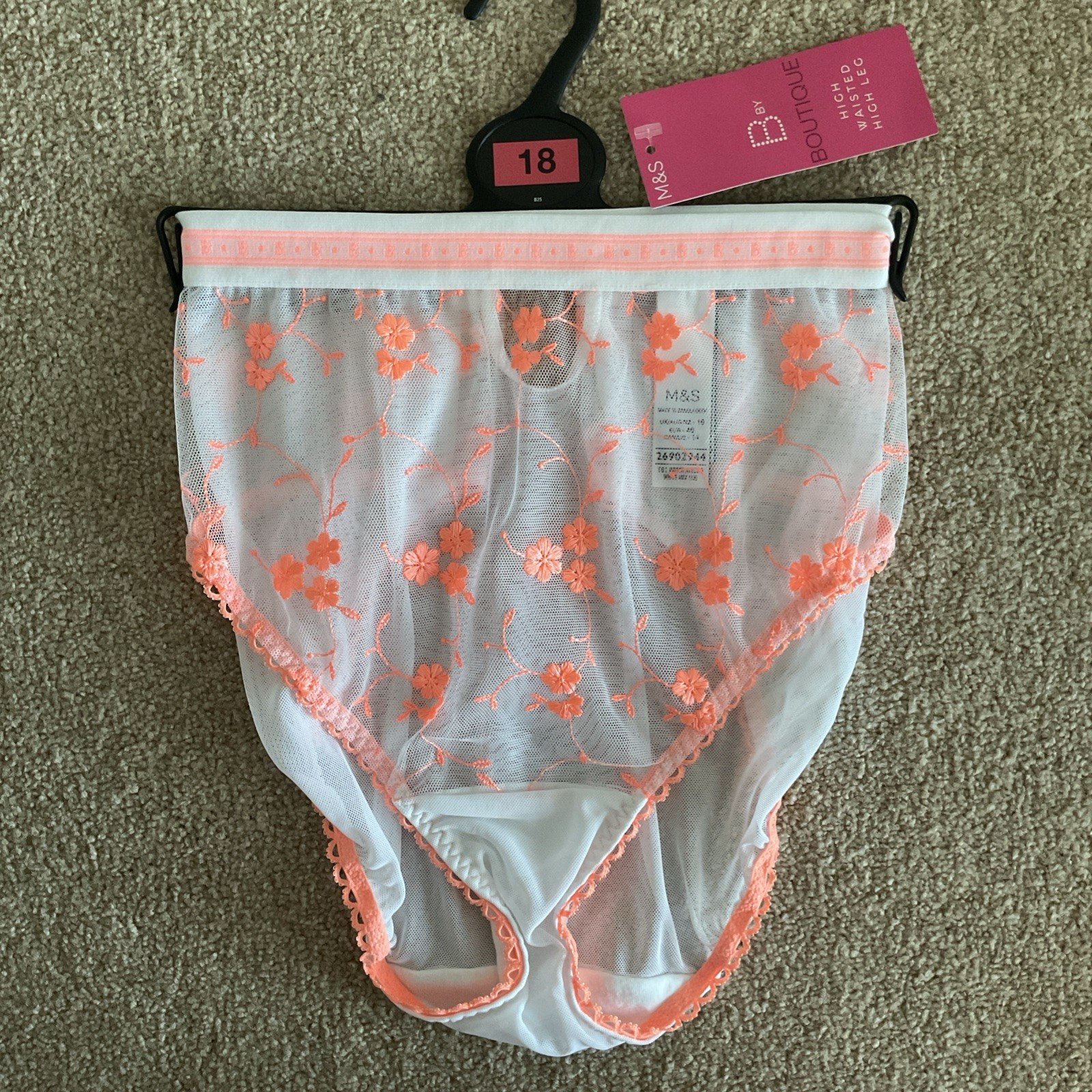 M&S Size 18 Pretty Boutique Mesh High Waisted High Leg Knickers White Mix Orange