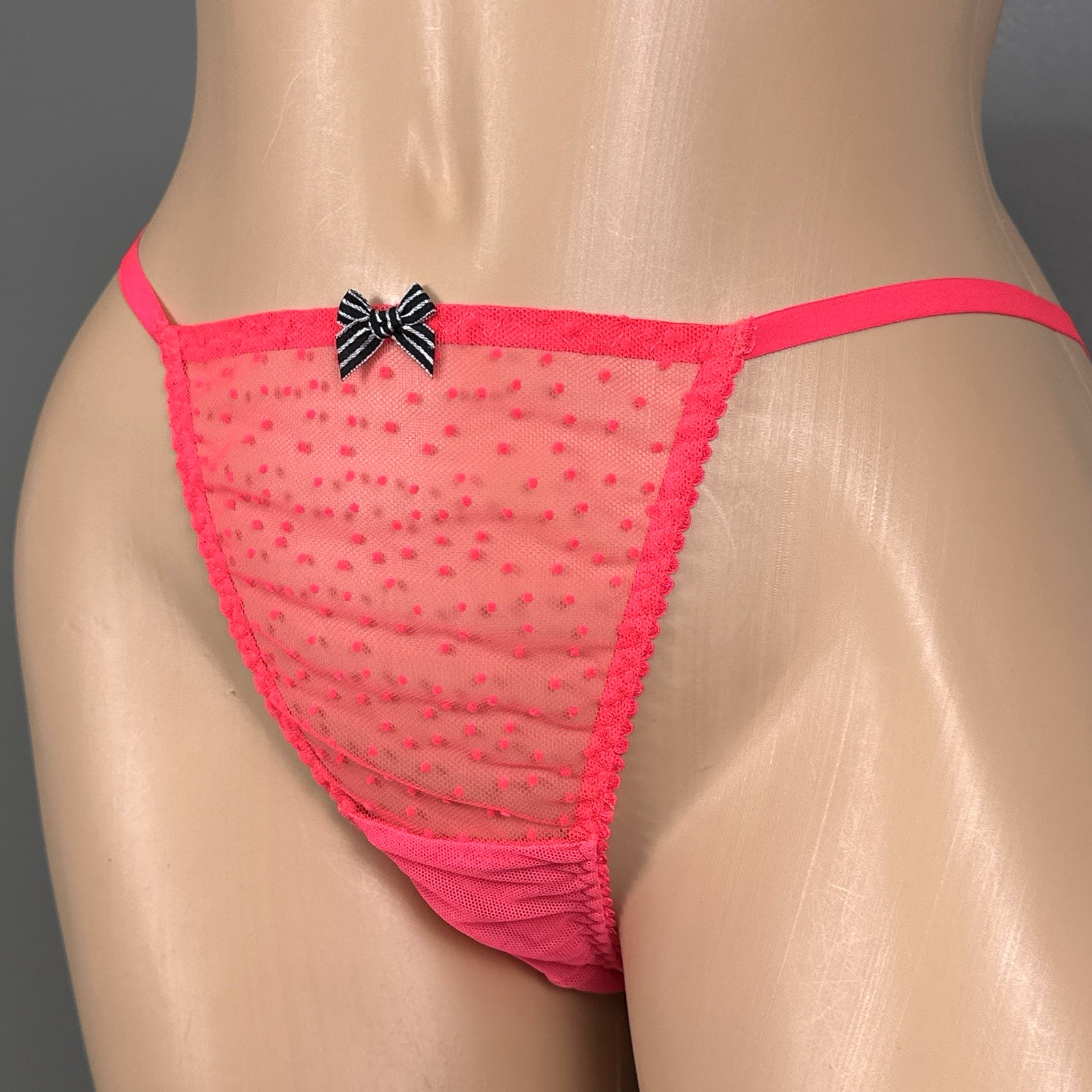 Y2K Victoria’s Secret Thong Panties Large Neon Hot Pink Swiss Dot 2013 Sheer Bow