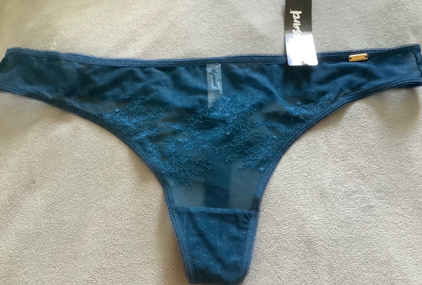 Gossard Glossies – Teal Blue Mesh & Lace Thong Size XL – BNWT