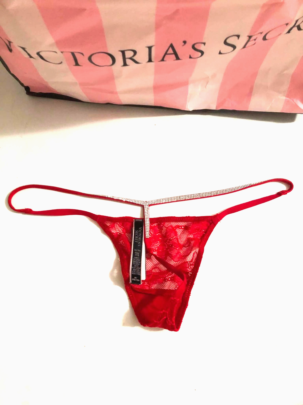 Victoria’s Secret T-Back Shine Strap Rhinestone V-String Panty Red Lace NWT