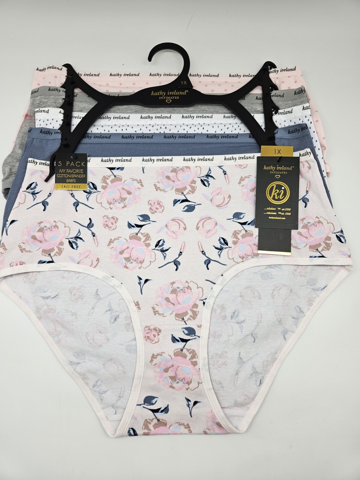 KATHY IRELAND 5 Pack Womens Plus 1XL 2XL Panties Pink Navy Gray White Prints