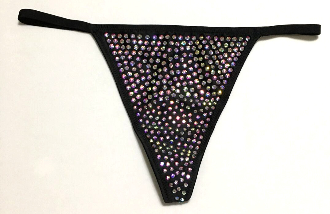 Victorias Secret Very Sexy Black Rhinestones V-String Thong Panty Size M Sparkly