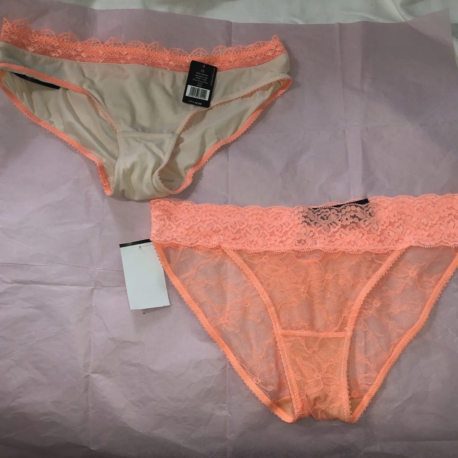 Sheer Mesh French Lace Bikini Hipster Panty Coral Keyhole Lot Of 2 Panties XS