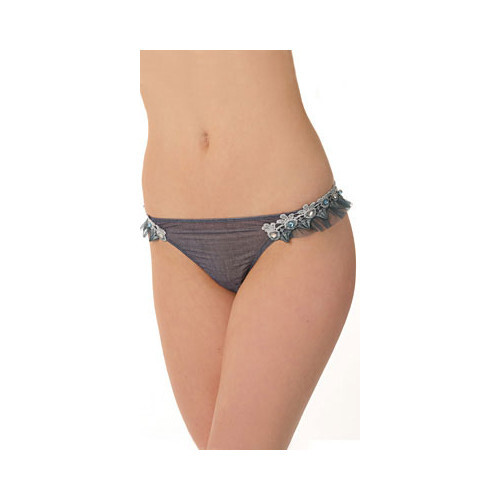 Janet Reger London Sheer Blue Denim Mesh Hipster Tanga Lace/Jewels/Ruffles
