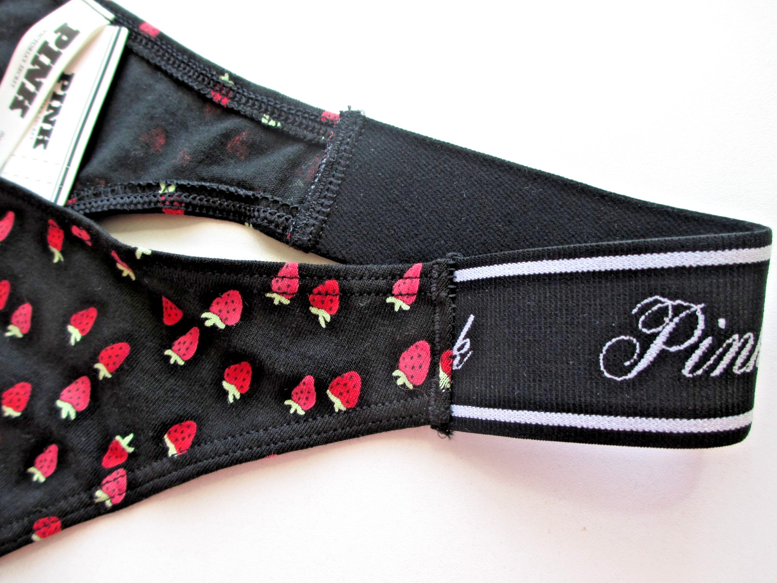 VICTORIA’S SECRET PINK Cotton Logo High Leg Thong Panty S M L Black Strawberries