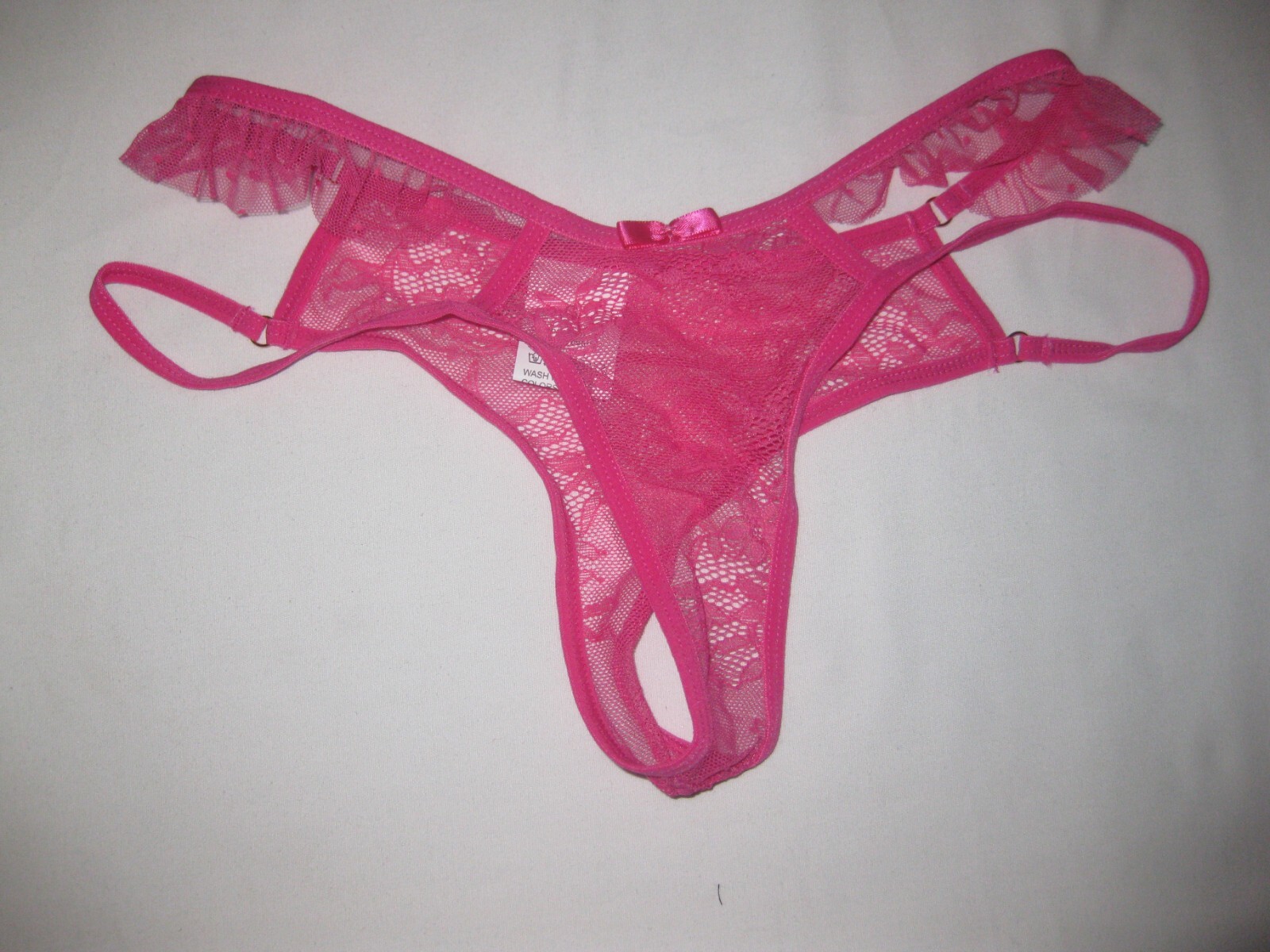 Shein lace w/ruffle dot mesh strappy side thong panties S hot pink 80s kawaii
