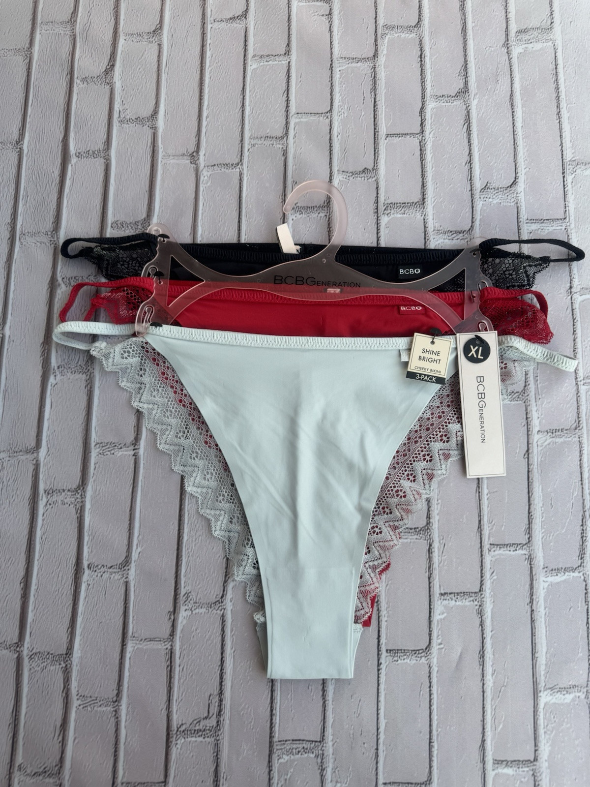BCBG 3 Pack Women’s XL Back Lace Cheeky Bikini Panties Gray Red Black
