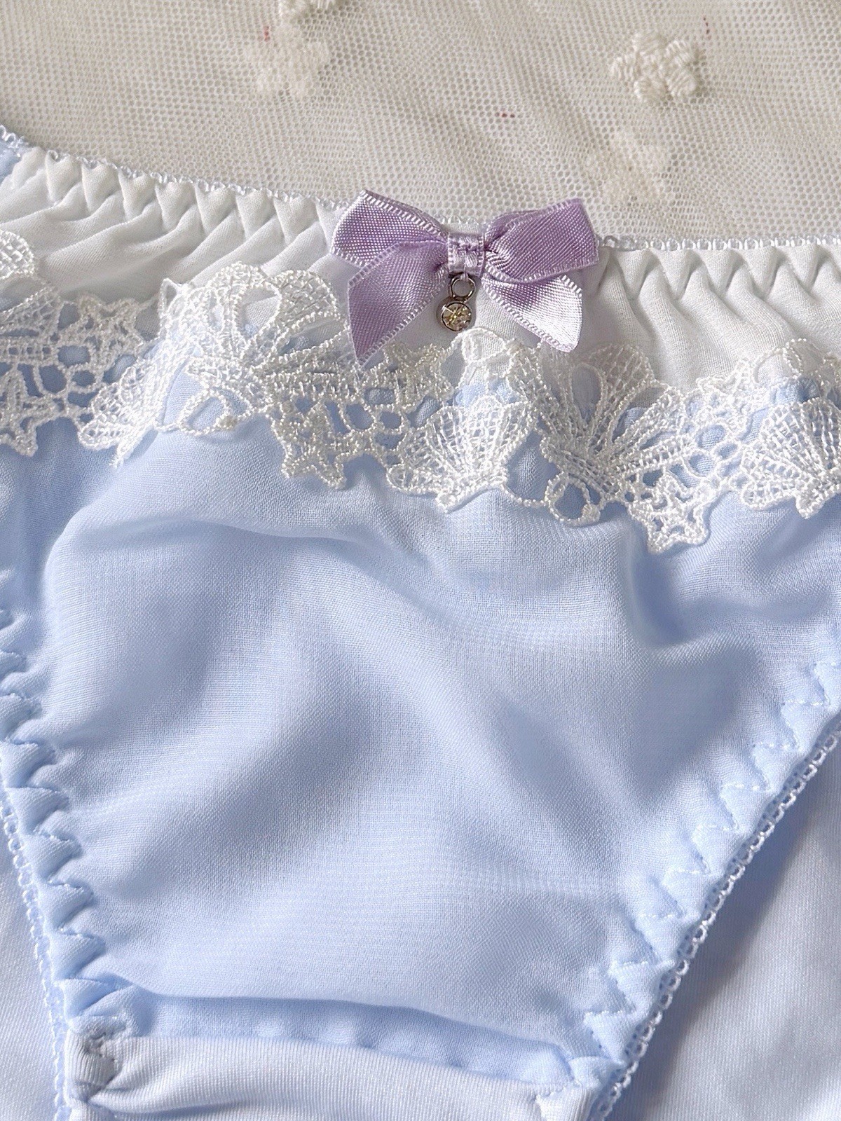 US-S Japanese Cute Bow Sea Shell Embroidered Chiffon Ruffle Waist Nylon Panties