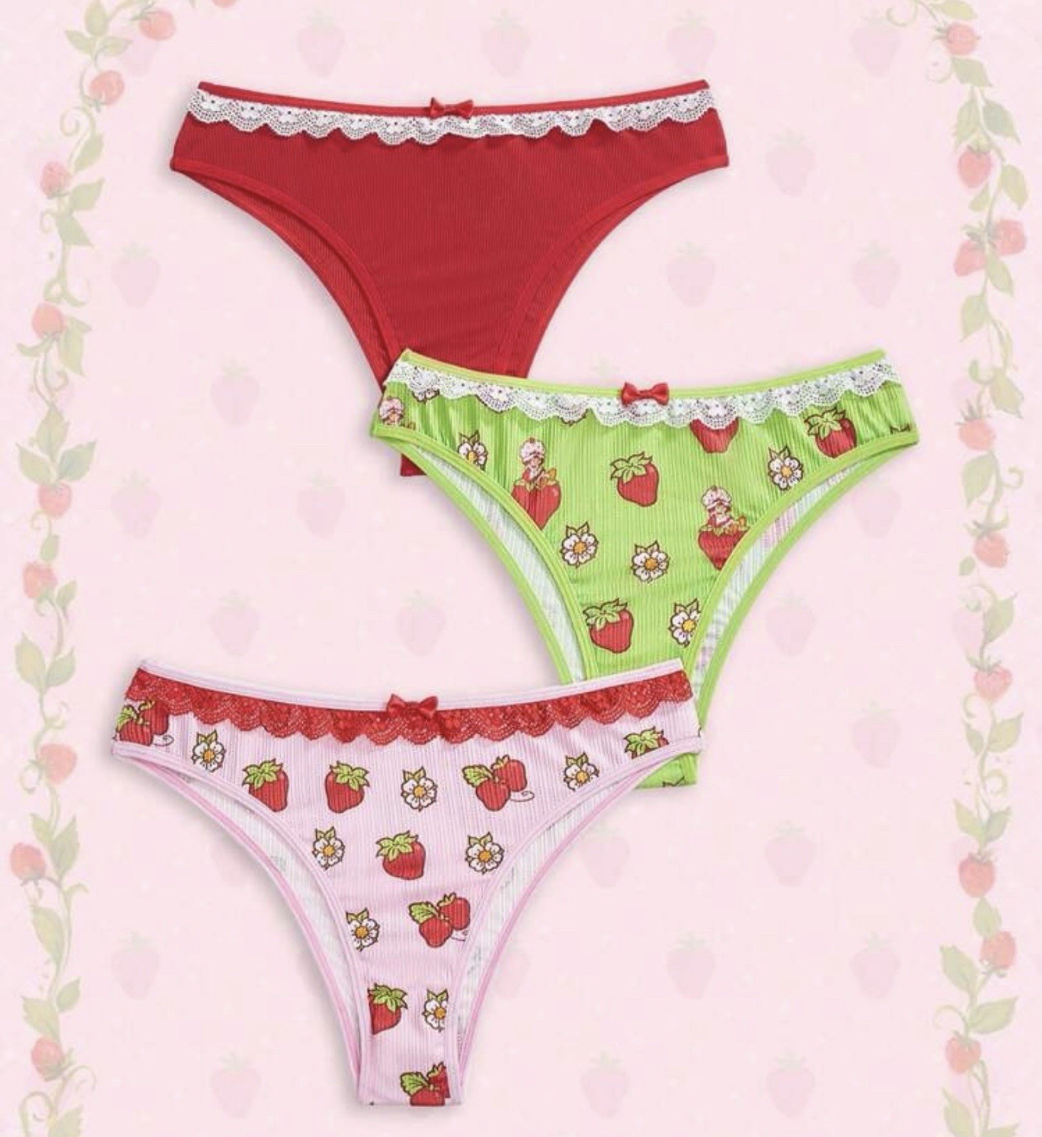 Women’s Teen Strawberry Shortcake Cartoon Kawaii Brief Red Green Pink 3pk Medium