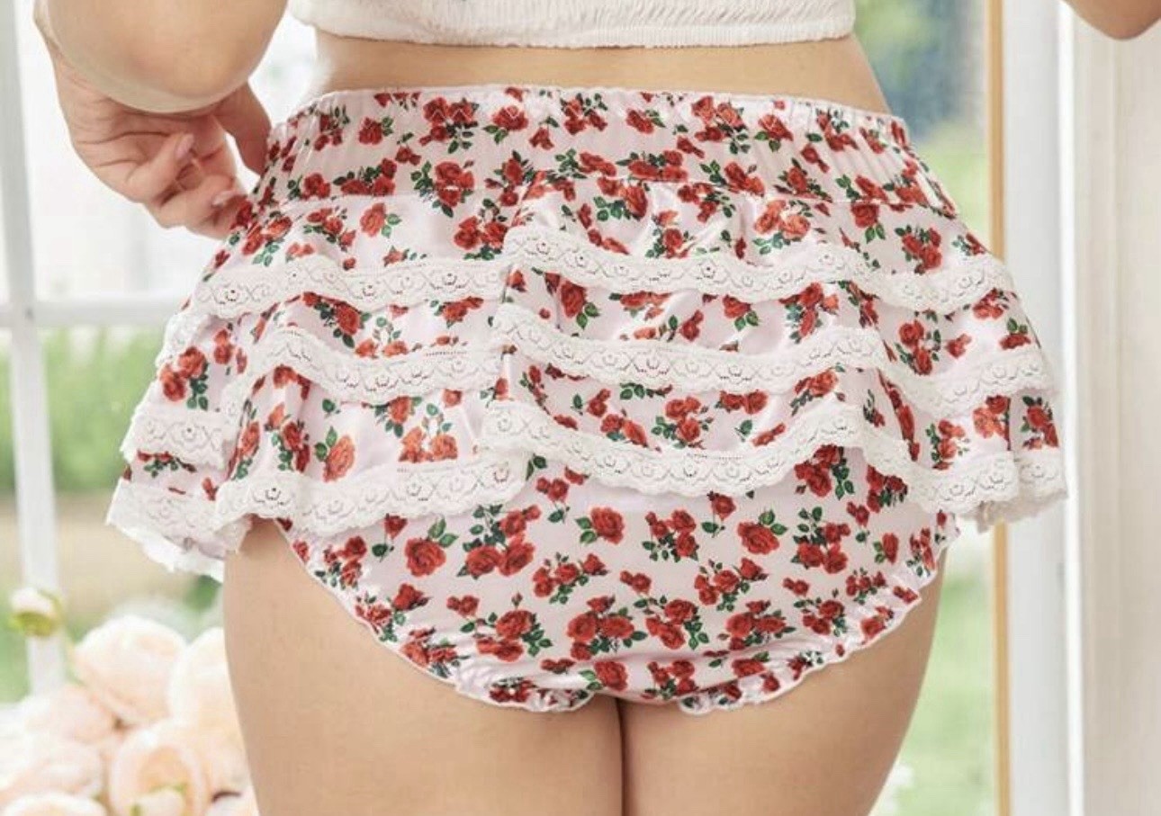 Countryside Rose 🌹 Print Satin Tiered Skirted Lace Brief Panties L NEW Sissy