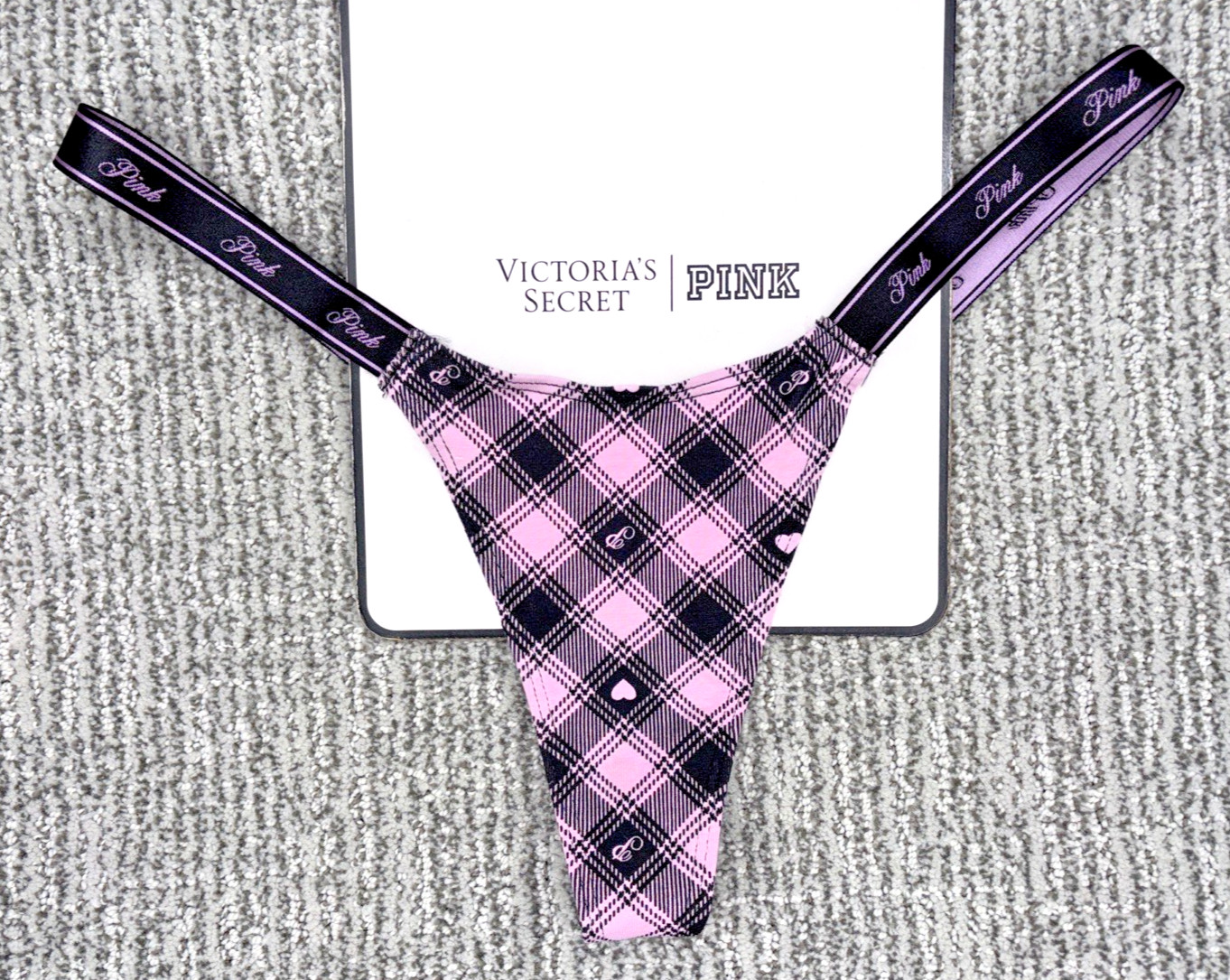 Victoria’s Secret PINK NWT Medium Black Plaid Micro Thong Panty Spellout Sexy