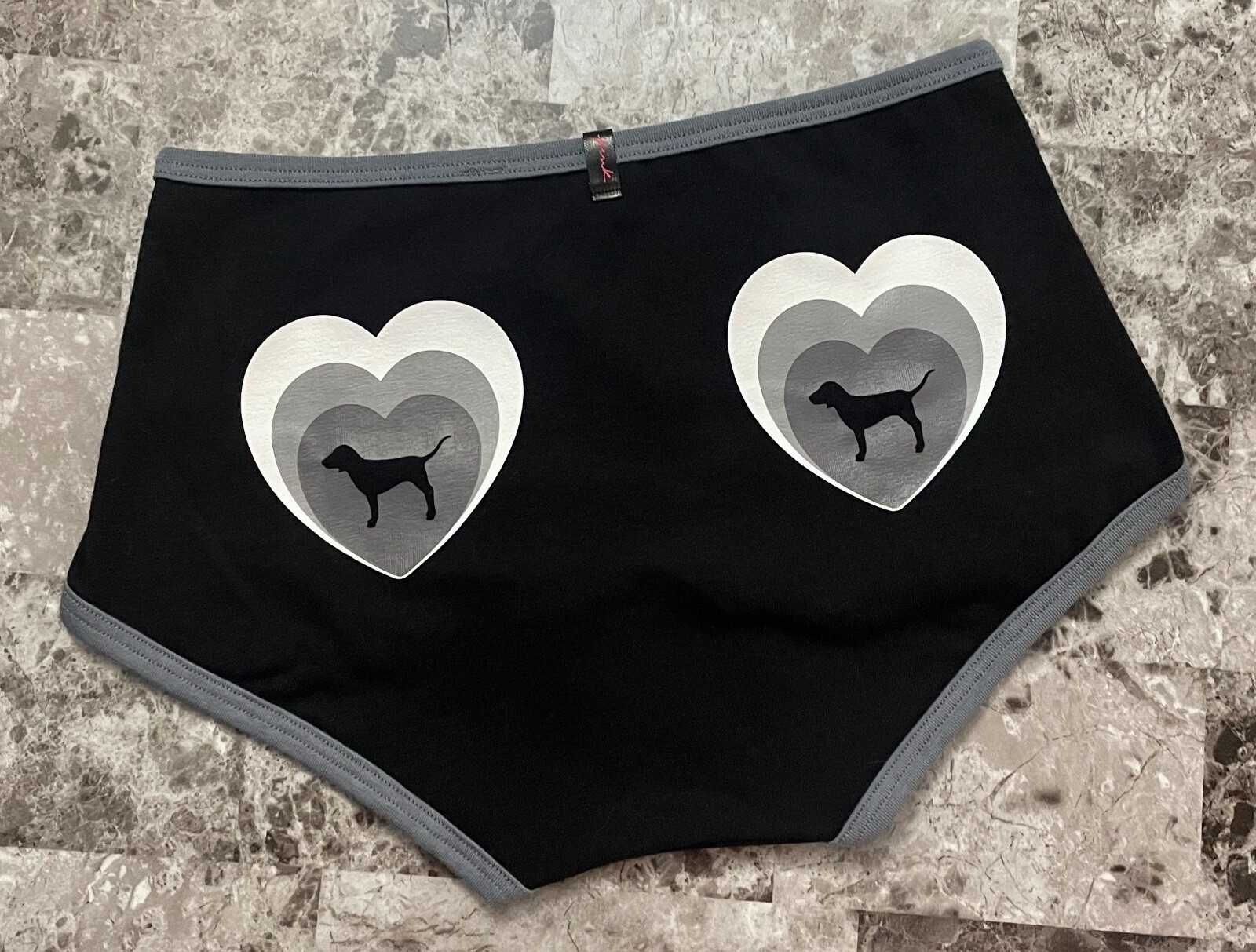 NWOT VICTORIA’S SECRET PINK BLACK GRAY WHITE HEART DOG BOYSHORT SHORTIE PANTIES