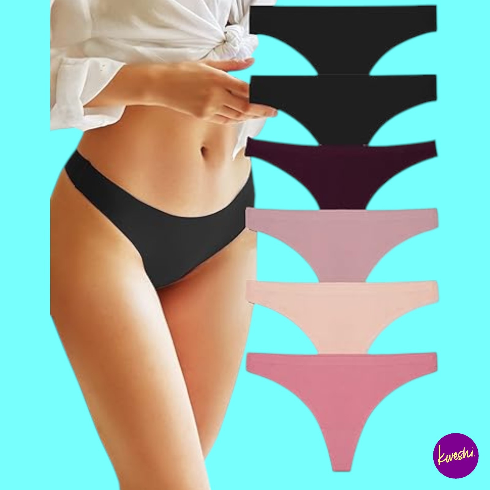 FINETOO Women’s Seamless Thongs, Set of 6, Black Pinks, UK XL | EU 46 | US 14