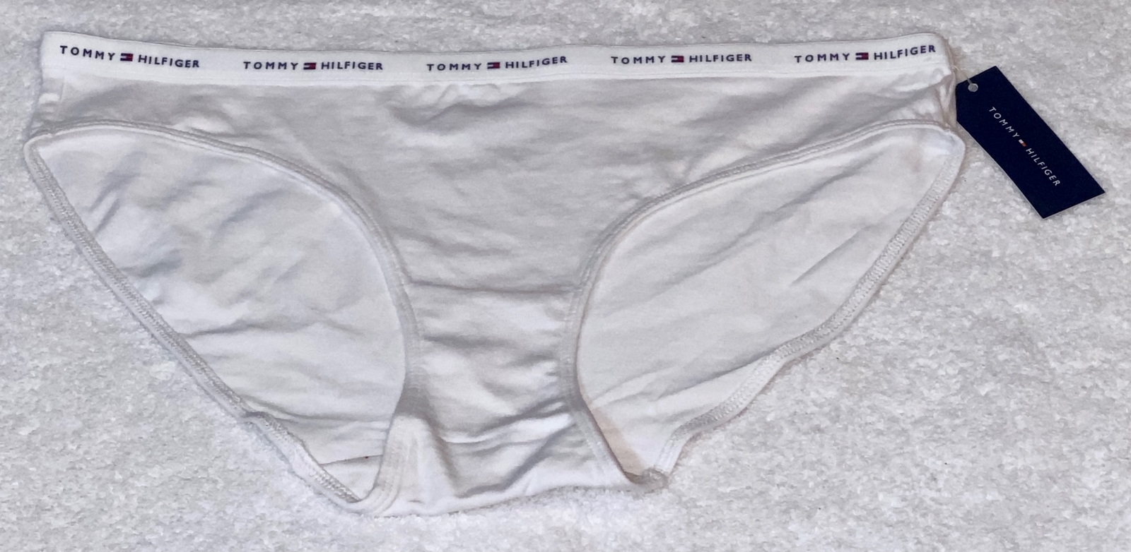 TOMMY HILFIGER Cotton Logo Waist White Navy Blue Bikini Panty NEW Womens Sz L 7