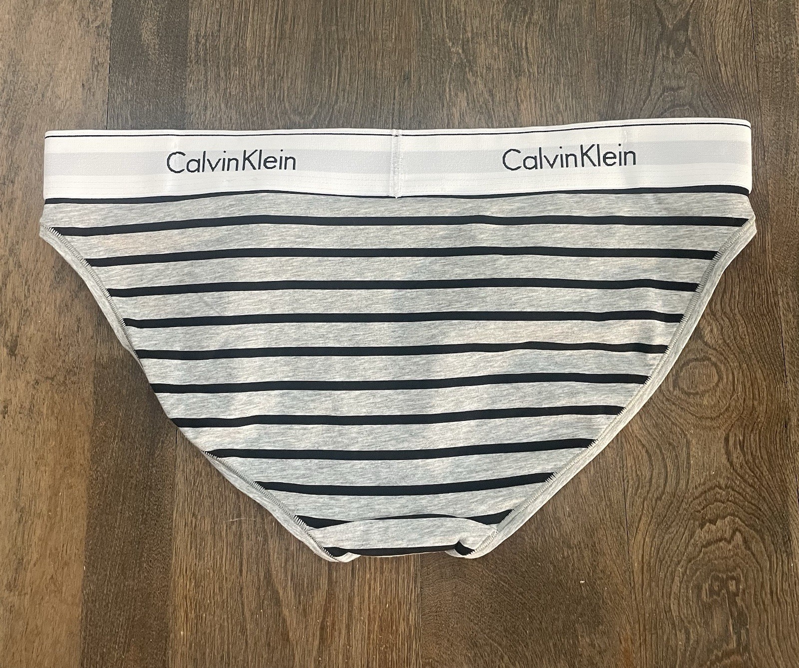 NWT Calvin Klein F3787 Icon Cotton Modal Bikini, Gray Black Stripes Logo Large