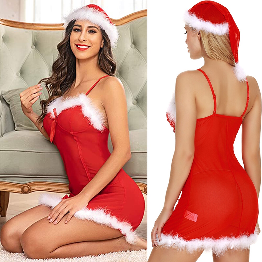 Women Babydoll Lace G-string Hats Mrs Claus Cosplay Underwear Sets Sexy Lingerie