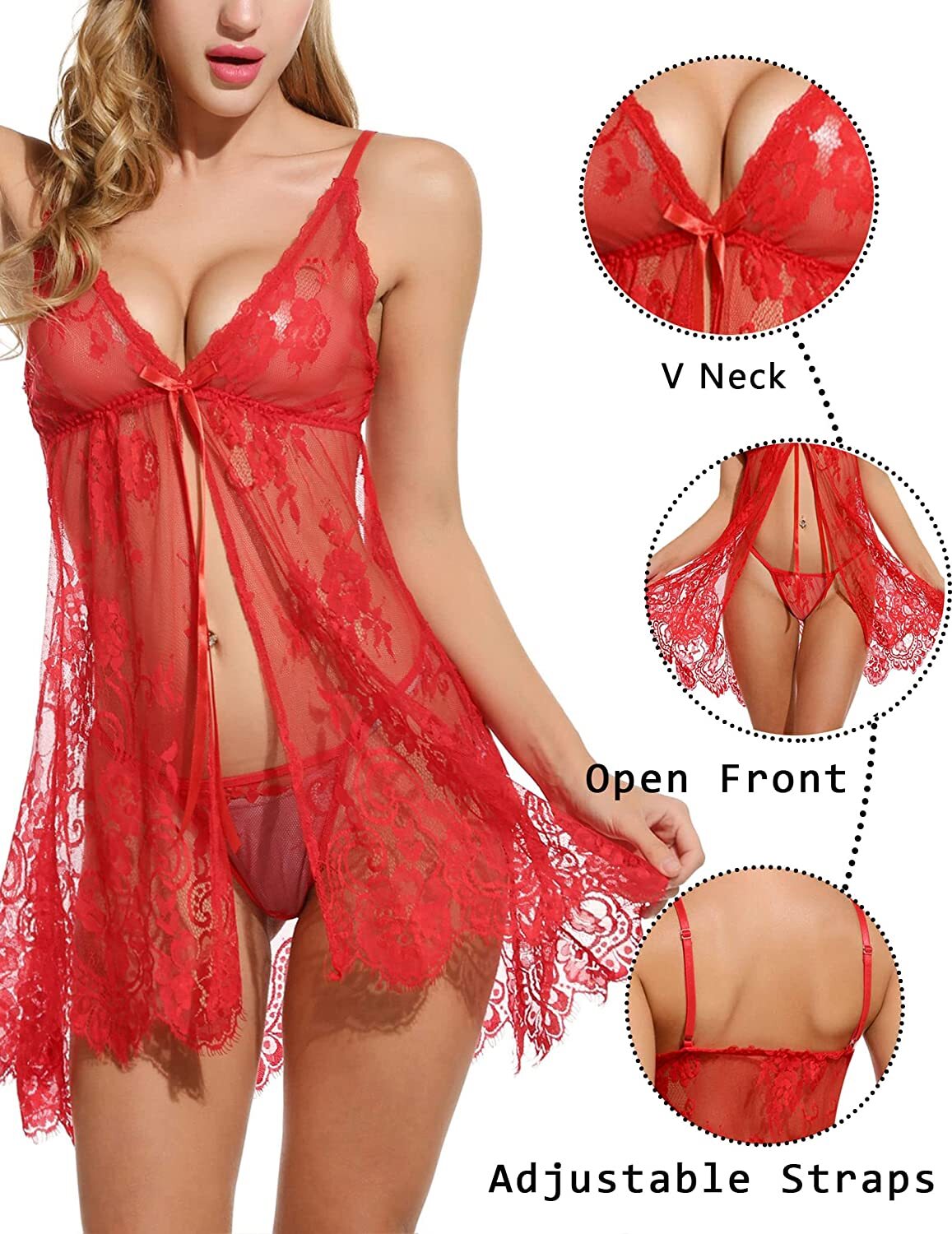 Plus Size Women Sexy Lingerie Open Front Floral Lace Babydoll Sleepwear G-String