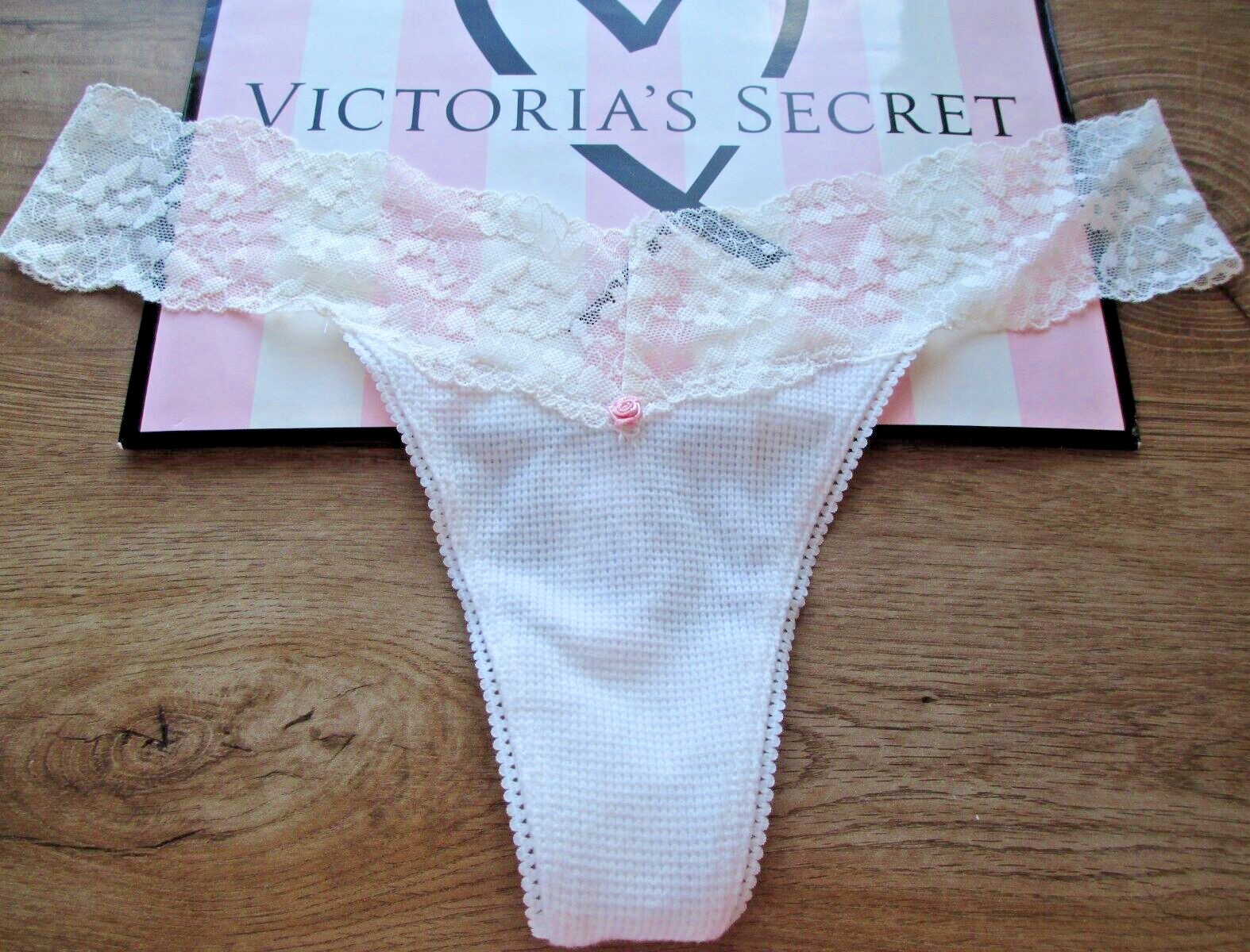 VICTORIA’S SECRET Thermal Thong Panty VS Coconut White M L Lace Waist NWT