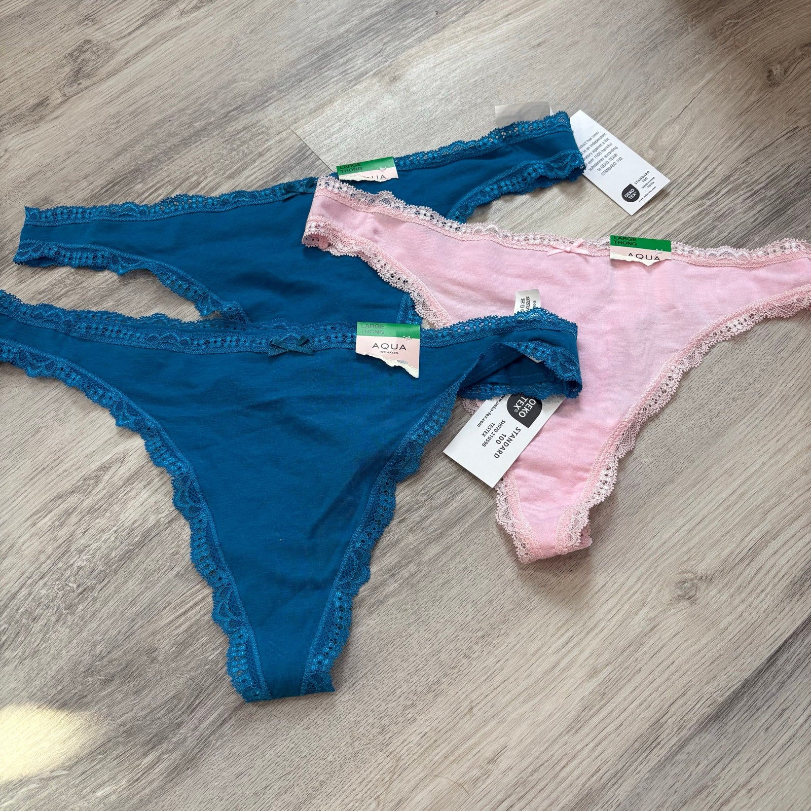 New Aqua Blue Pink Lot Of 3 Lace Trim Thongs Women’s Large Bundle