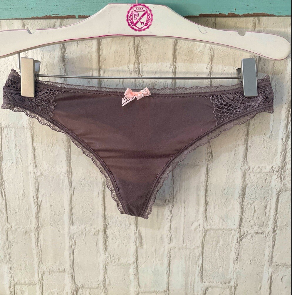 Victoria’s Secret Body By Victoria Brown Satin Crochet Peach Thong Panty S NEW!