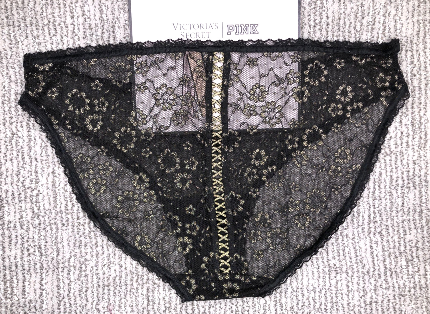 Victorias Secret NWT XXL Black Floral Lace Up Bikini Panty Shimmer Lacie 2XL