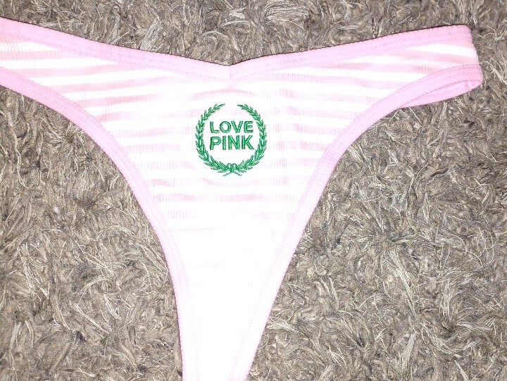 VS pink originals cotton ribbed thong Panty NEW medium striped embroidered logo