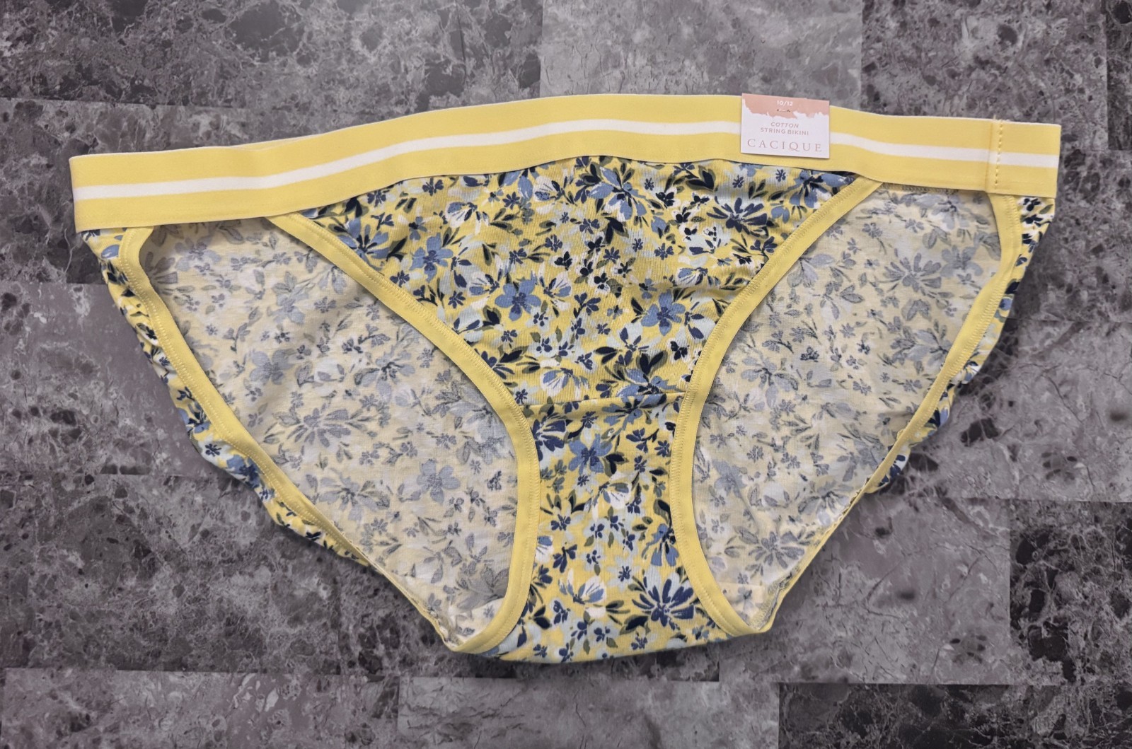 CACIQUE LANE BRYANT 10/12 YELLOW BLUE FLORAL THICK BAND STRING BIKINI PANTIES