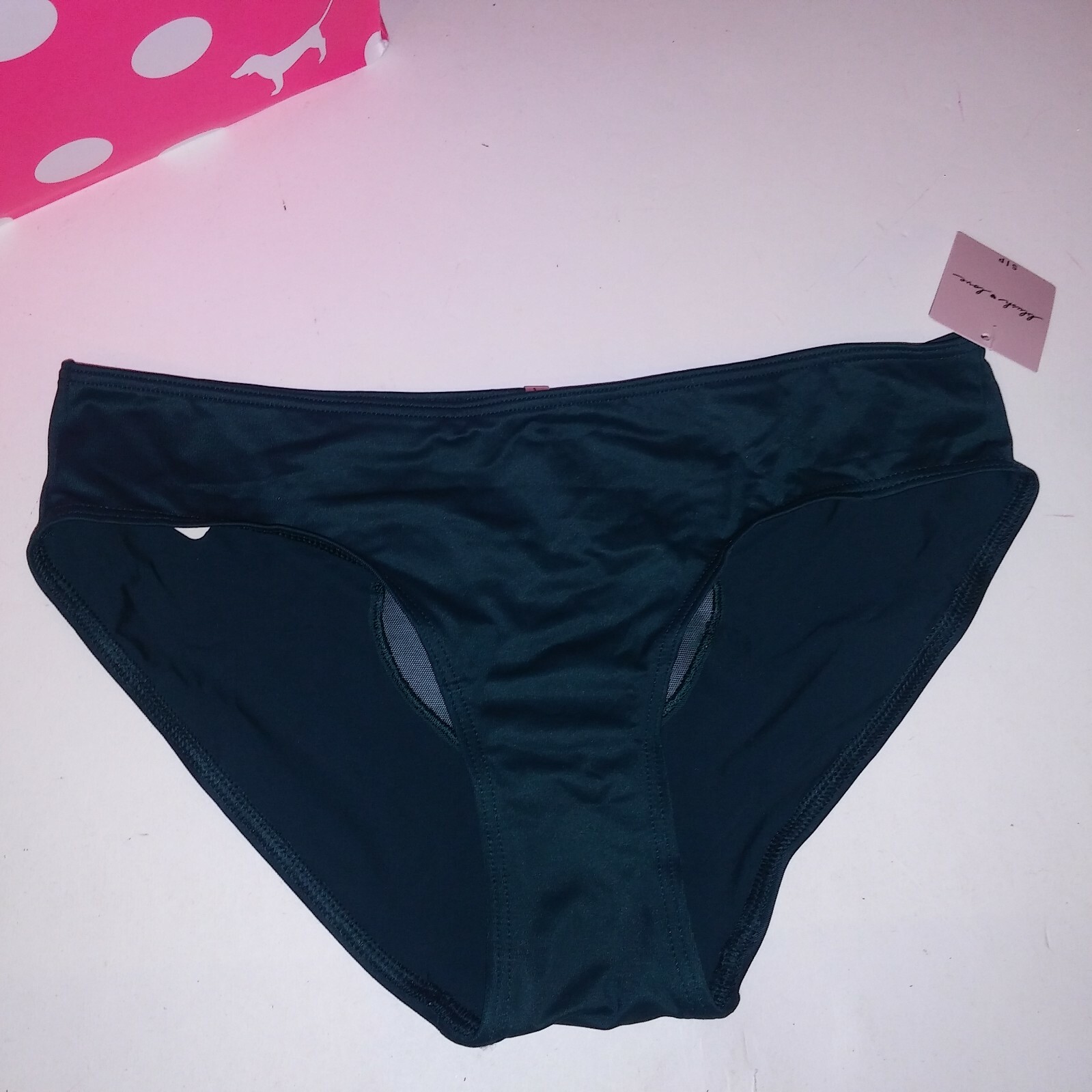 Victoria Secret PINK Panty Small Bikini Dark Green Sheer Heart Solid New
