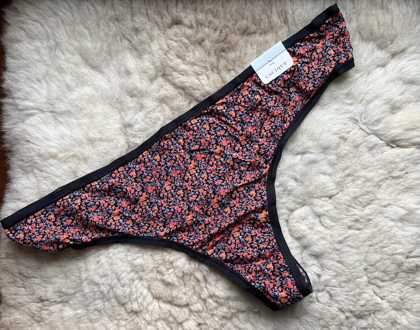 CACIQUE LANE BRYANT 14/16 BLACK PURPLE PINK FLORAL THIN BAND THONG – NEW