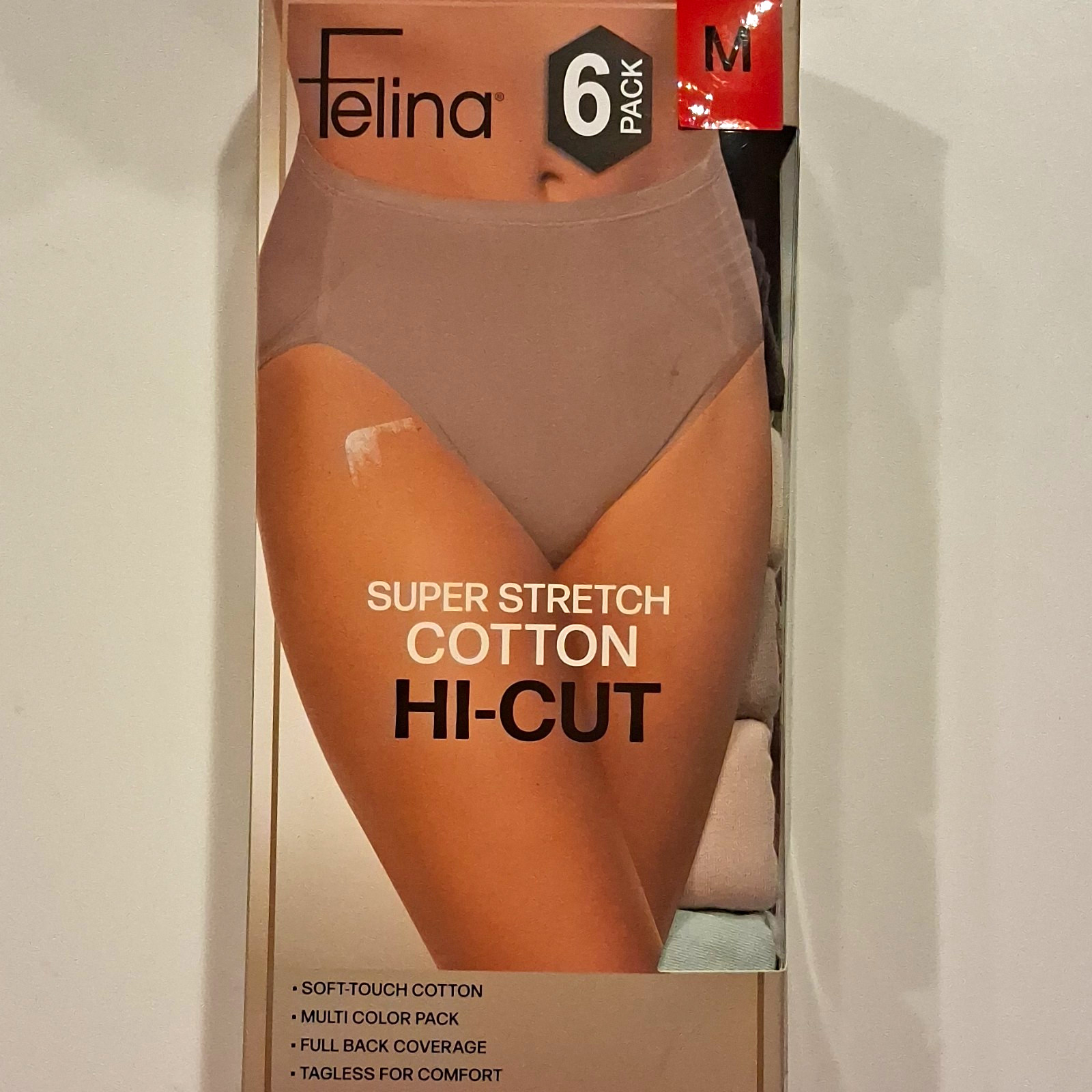 Felina Cotton Stretch Tagless Full Coverage Hi-Cut Panties 6 Pack M Multi
