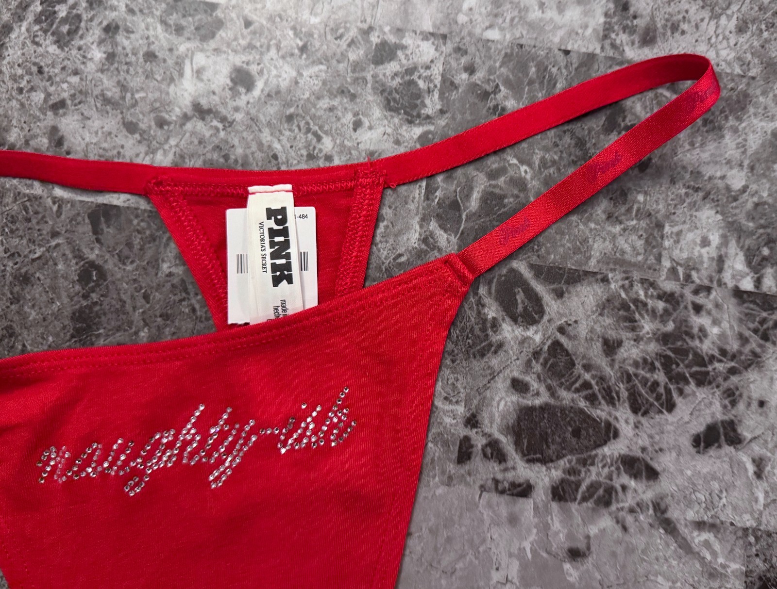 VICTORIA’S SECRET PINK RED NAUGHTY ISH LOGO SIDE STRAP HIGH LEG THONG PANTIES
