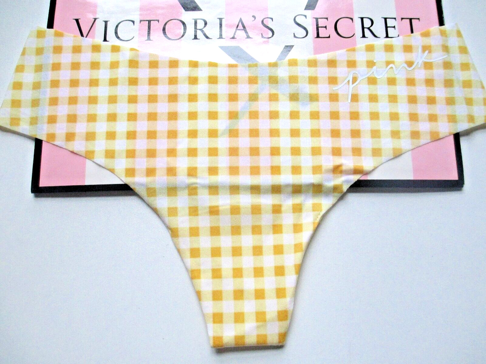 VICTORIA’S SECRET PINK No Show Thong Panty M XL Yellow NWOT Gingham Plaid VS