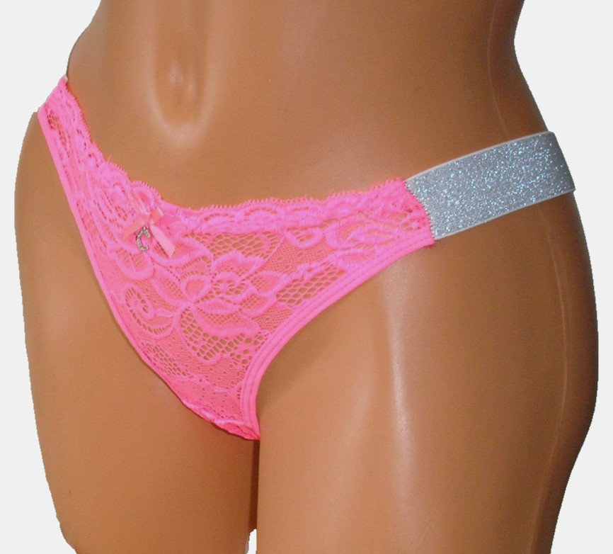 Panties Lingerie Shimmer Straps Rhinestone Accent Pink Lace Thong, Small
