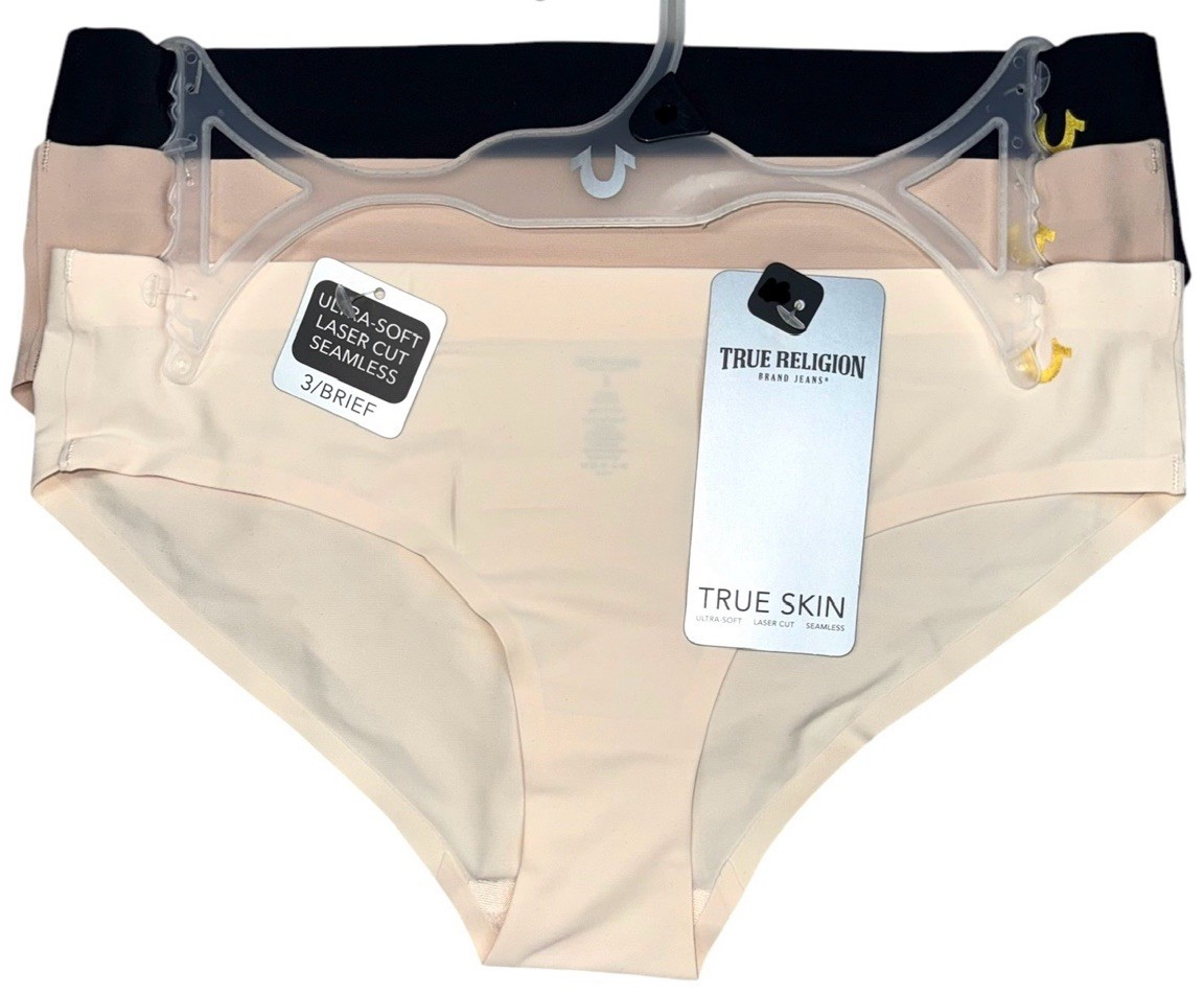 TRUE RELIGION 3-Pair TRUE SKIN Brief Panties Soft Laser Cut Seamless LOGO Sz XL