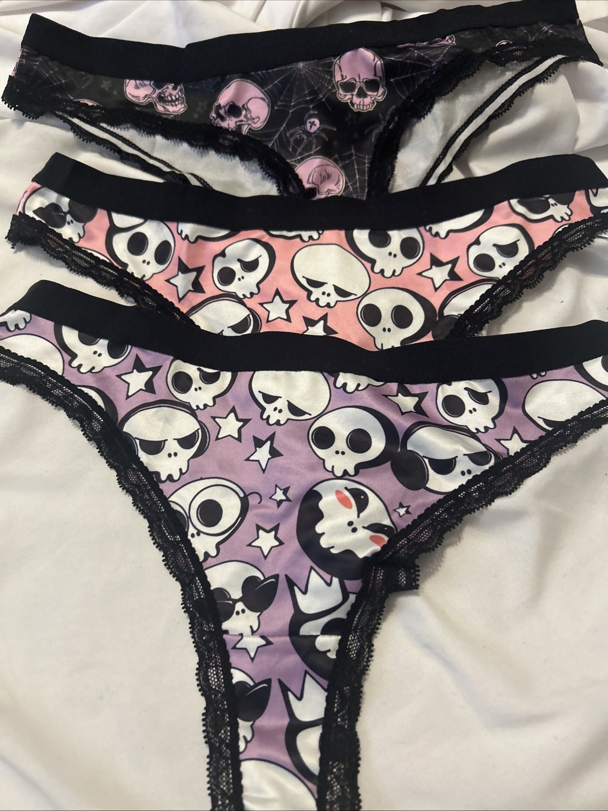 Morvia 3pk lace trim Bikini Goth Skater Emo panties M Skulls Webs Halloween