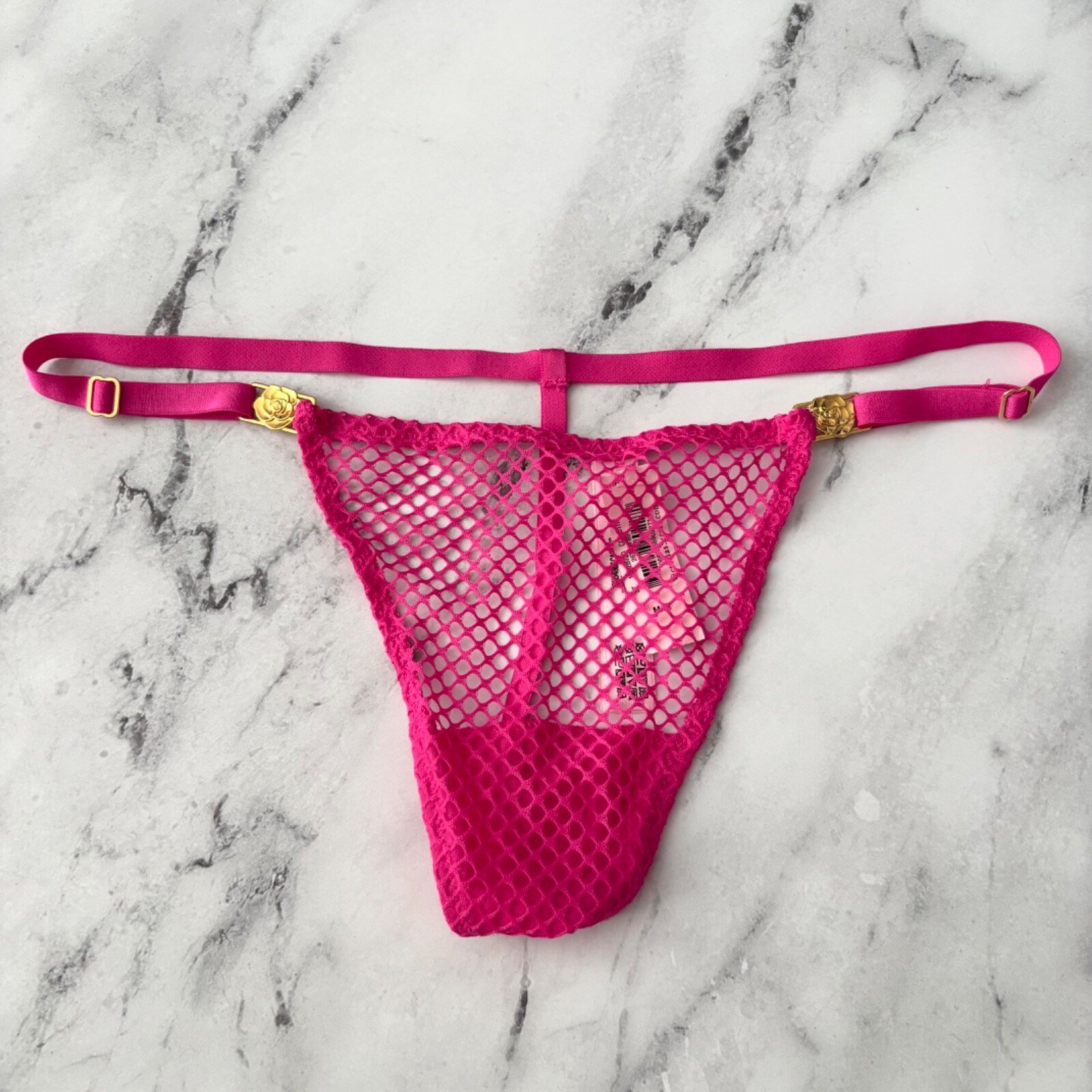 Victoria’s Secret V String Panty Pink Fishnet Gold Flowers Adjustable Sexy M XL
