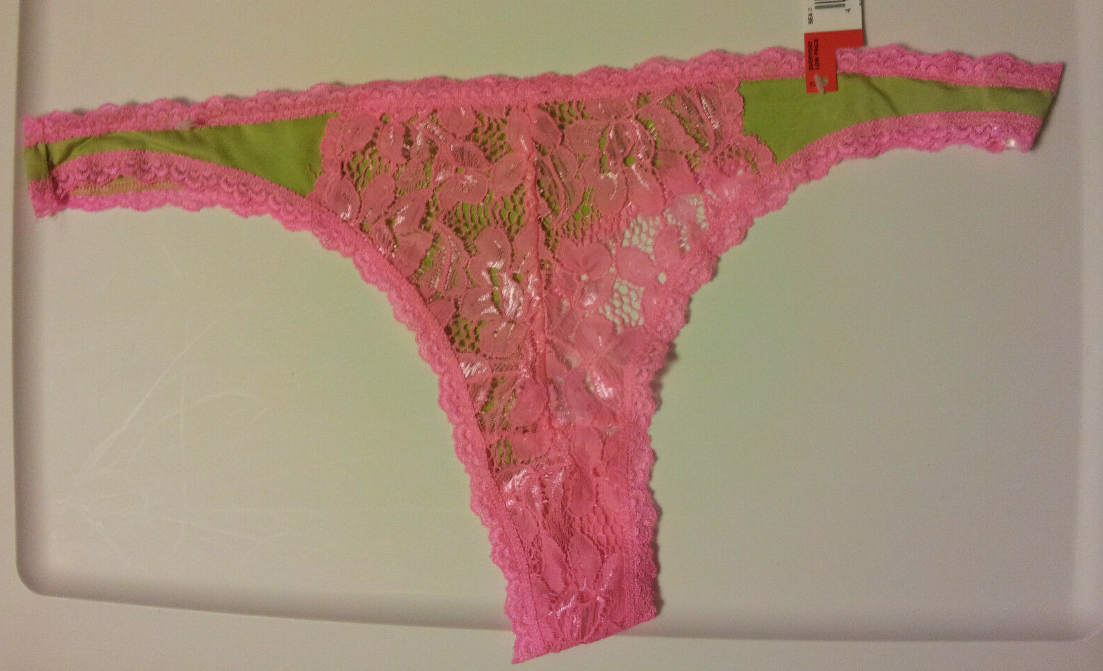 Pink Floral Lace Thong Panties Size 4X /11 Sexy Silky Green Insets Girly Flirty