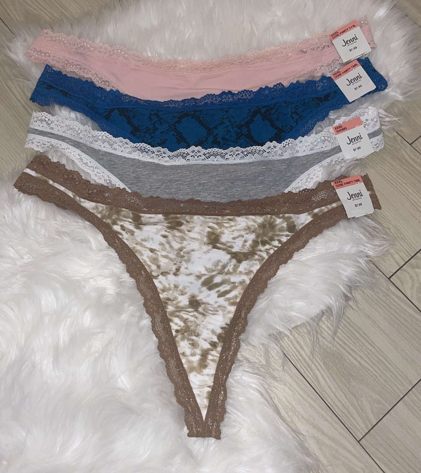 4 Pairs Jenni Cotton Thong Panties Lace Trim Solid Snake Tie Dye Womens XXXL 3XL