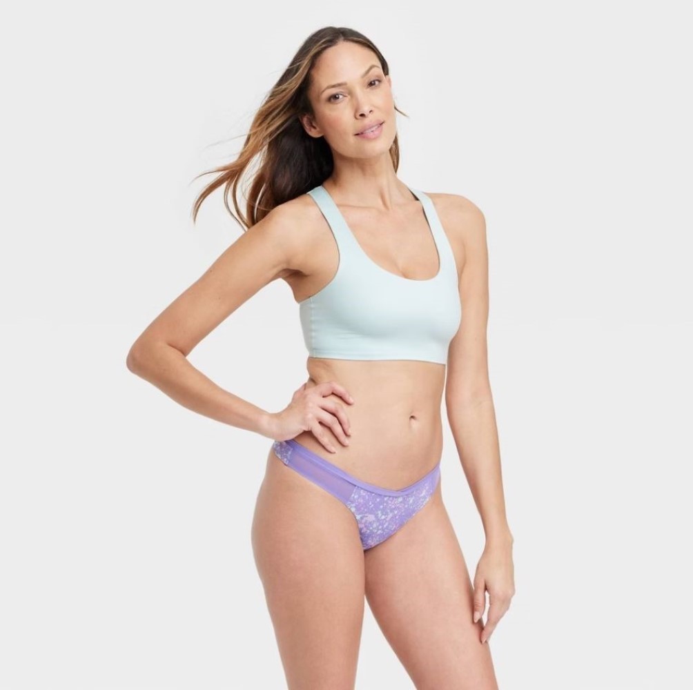 Auden 5pk Laser Cut with Mesh Thong Womens Small Stretch Purple