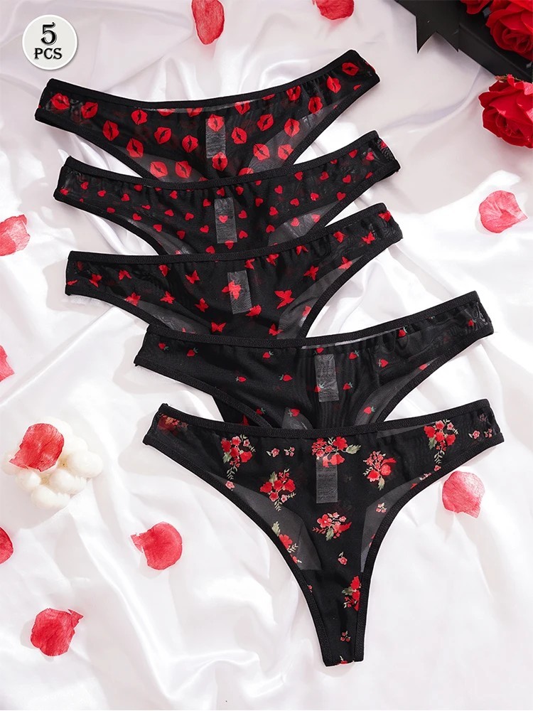 Women’s Mesh G-String Thong Sexy Panties Breathable Printed Lingerie (Pack of 5)