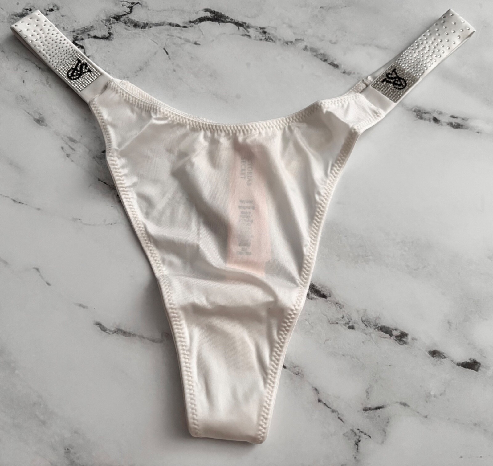Victoria’s Secret Thong Panty Coconut White Scattered Shine Strap L XL