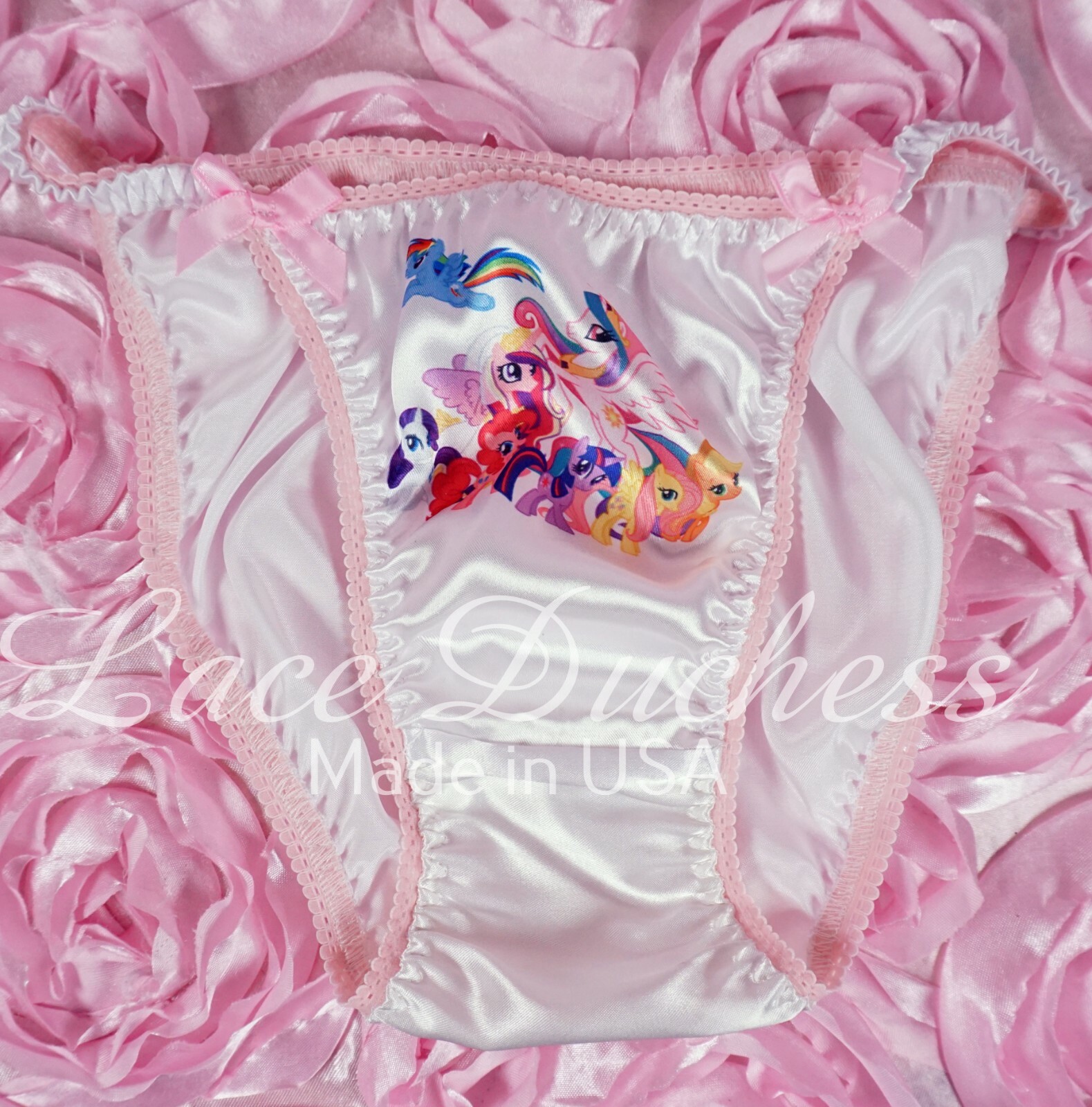 VTG 80s style SATIN Little Ponies Group WHite Ladies/ MENS string bikini Panties