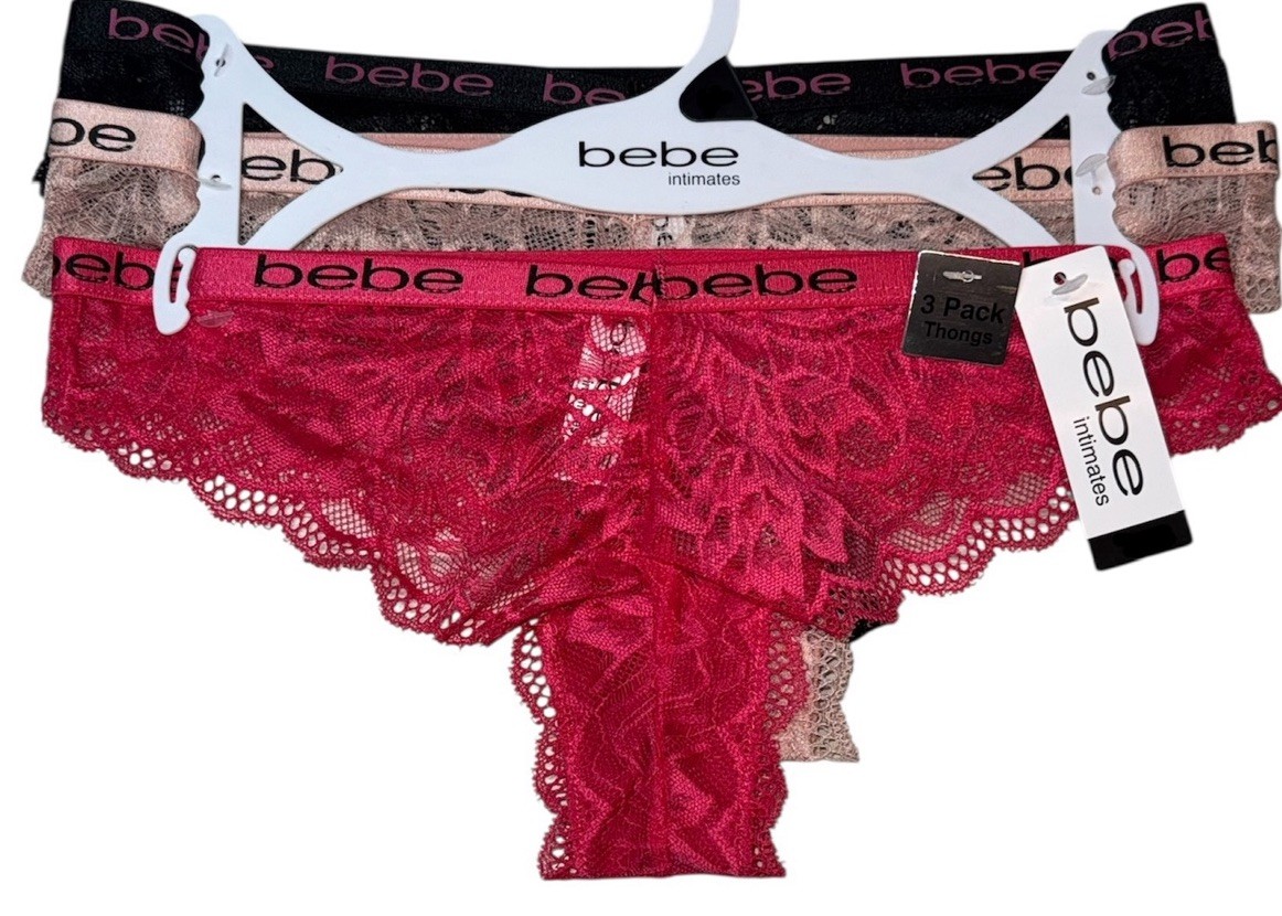 BEBE Womens 3-Pack LOGO Waistband Lace Thong Panty Red Black Beige Nylon Size XL