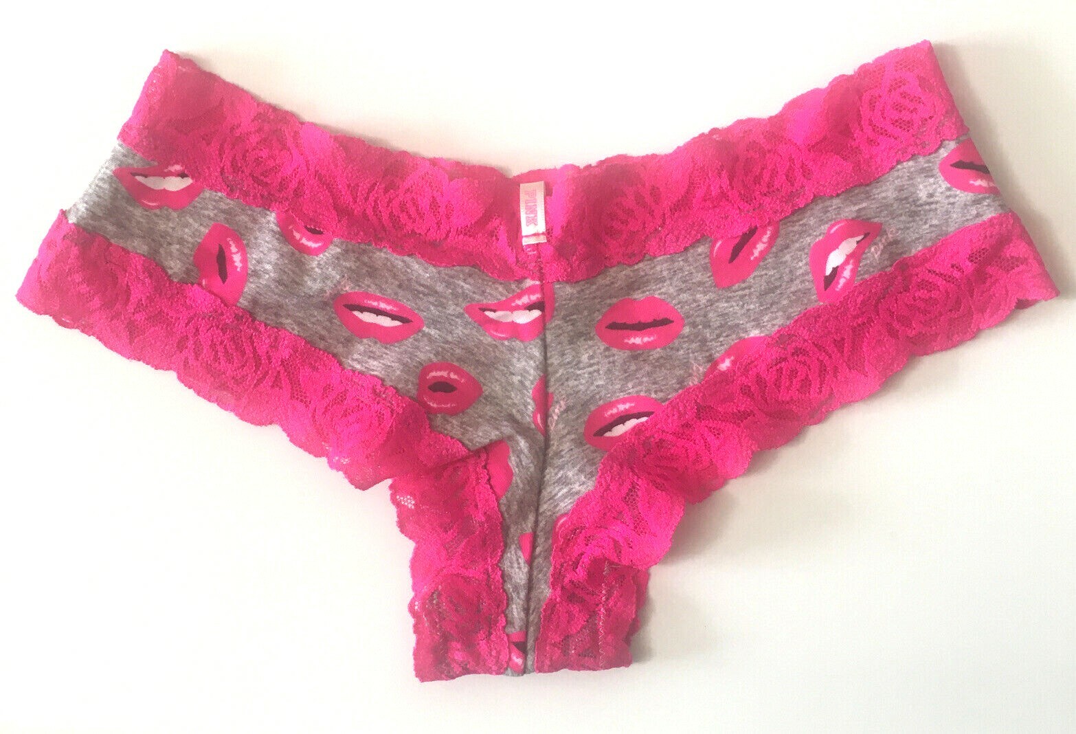 Victorias Secret PINK Cheeky Panties Size S Sexy Hot Lips Mouth Pink Lace Trim