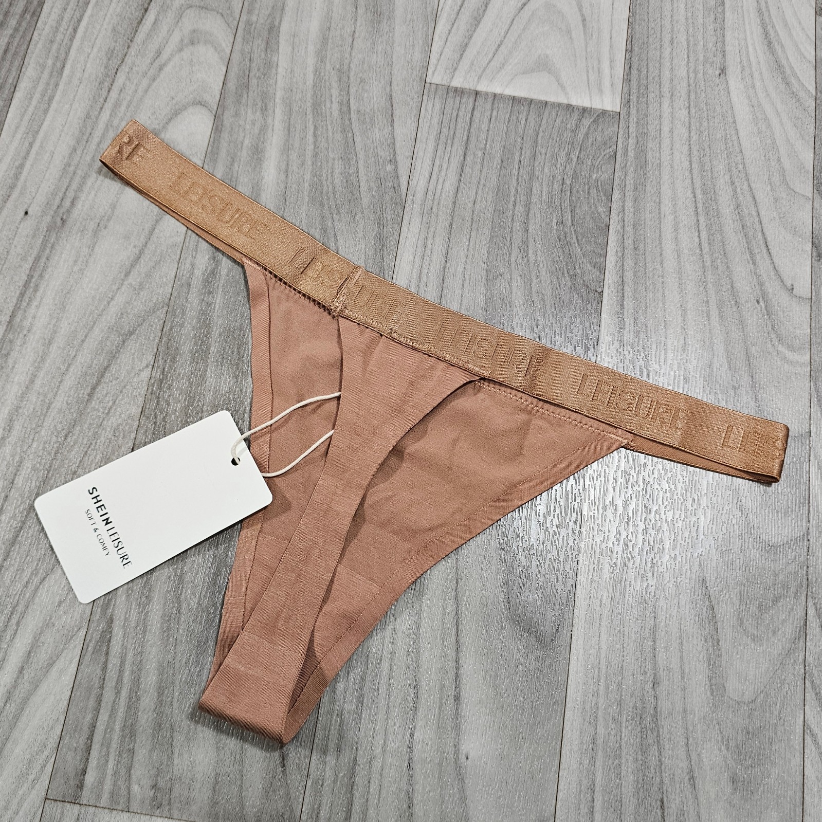SHEIN Leisure Beige Seamless Viscose Blend Thong Panty, Size M